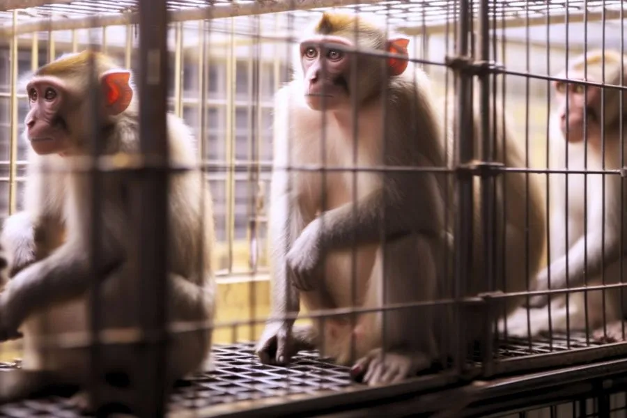 monkeys in a cage at a testing facility lab